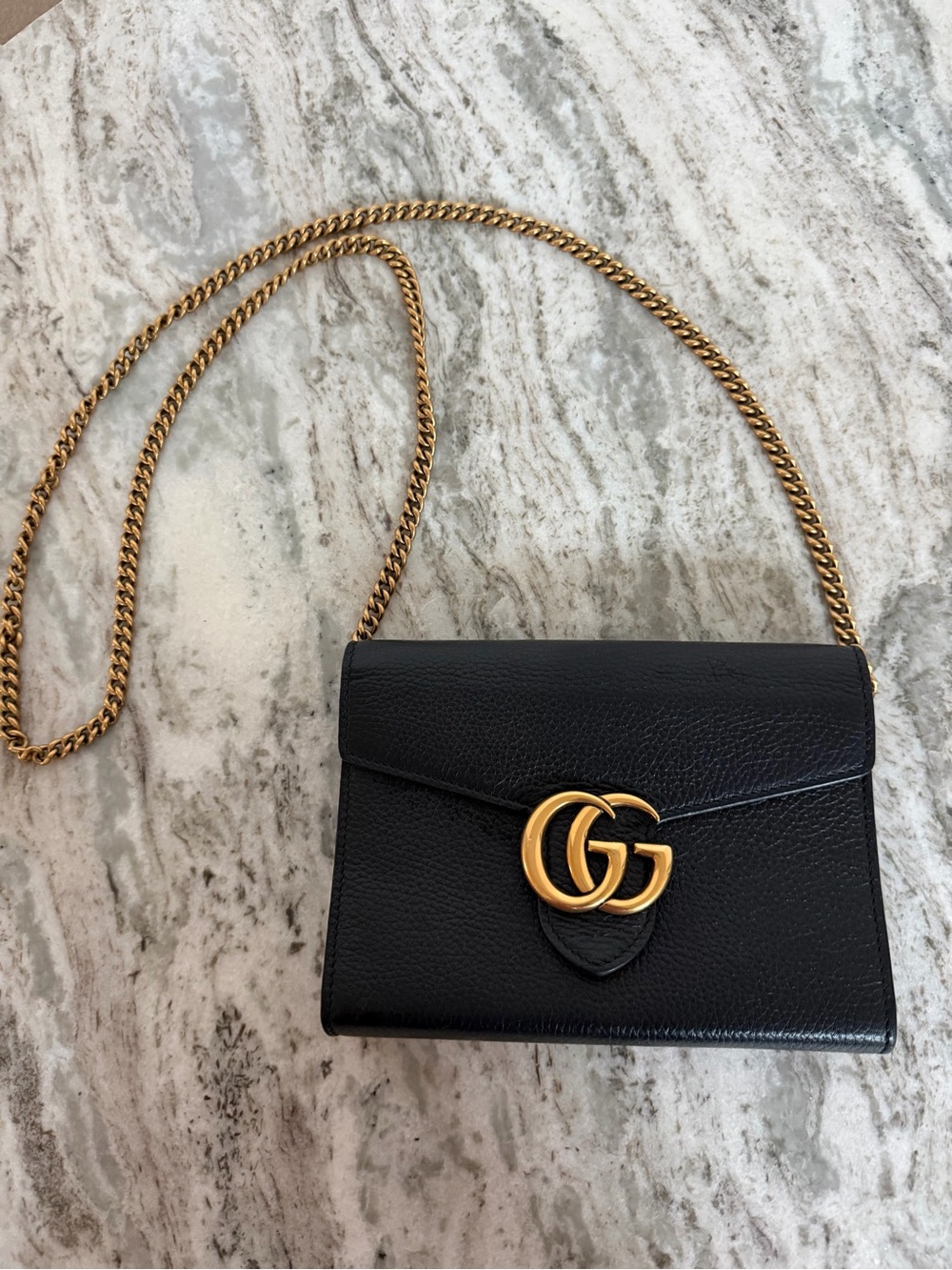 Gucci Black Leather GG Small Crossbody with Gold Chain - Picture 2 of 4